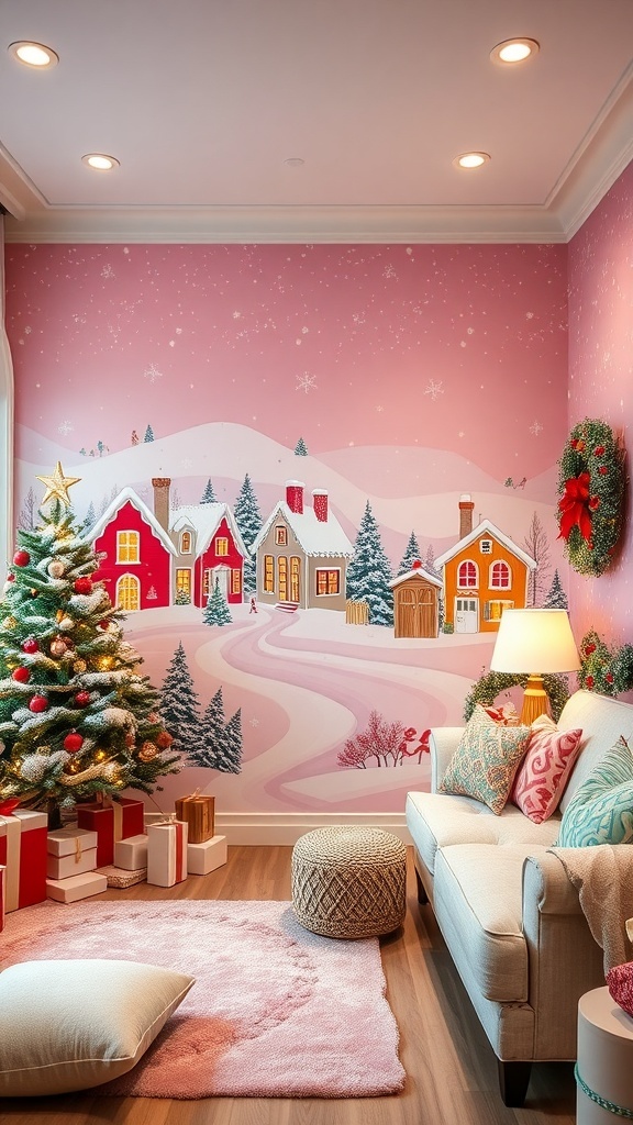 A cozy room with pink Christmas village wallpaper, showcasing festive houses and decorations.
